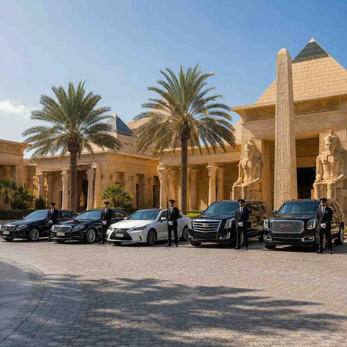 Luxury chauffeur fleet outside WAFI Mall in Dubai featuring Mercedes-Benz, BMW, Lexus, Cadillac Escalade, and GMC Yukon executive vehicles with professional chauffeurs ready for VIP transfers.