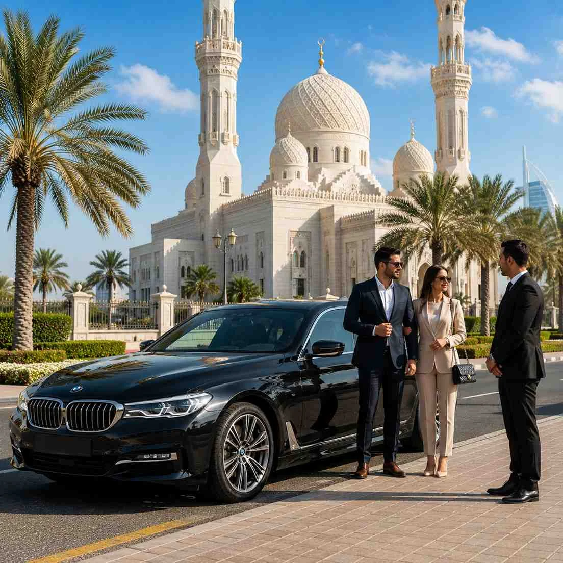A black luxury sedan is parked in front of a grand white mosque with large domes and tall minarets. A well-dressed couple stands beside the car speaking with a chauffeur in a black suit. Palm trees surround the mosque, and a modern skyscraper is visible in the background beneath a bright blue sky.