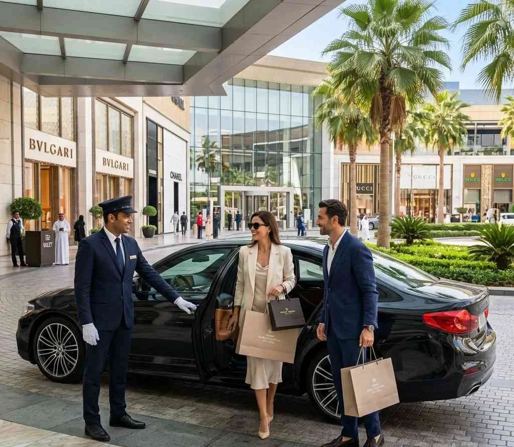 A professional chauffeur holding the door open for an elegant couple exiting a black BMW 5 Series sedan with plain shopping bags outside a luxury mall entrance in Dubai.