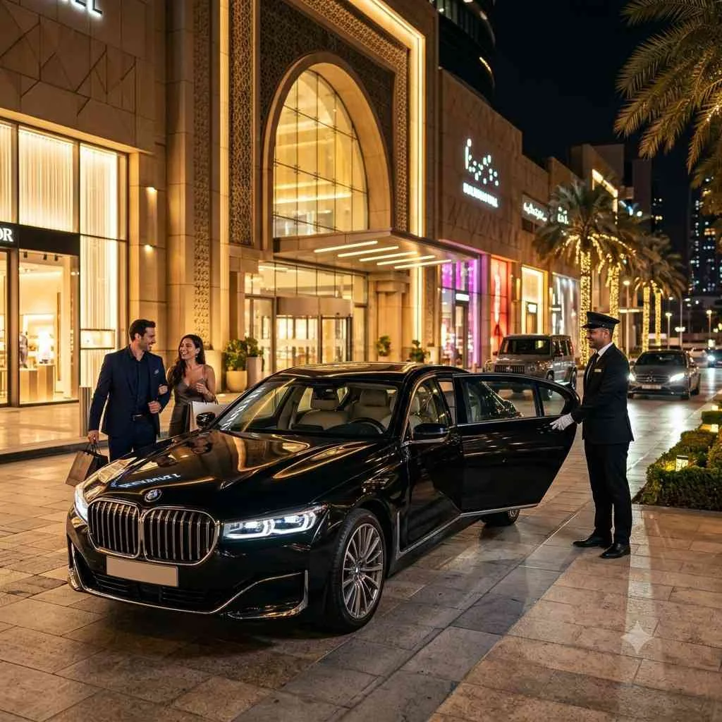 Ultra-realistic cinematic night photography of an elegant couple arriving in a black BMW 7 Series luxury sedan at the beautifully illuminated main entrance of BurJuman Mall in Dubai, where a professional chauffeur welcomes them after dinner and shopping.