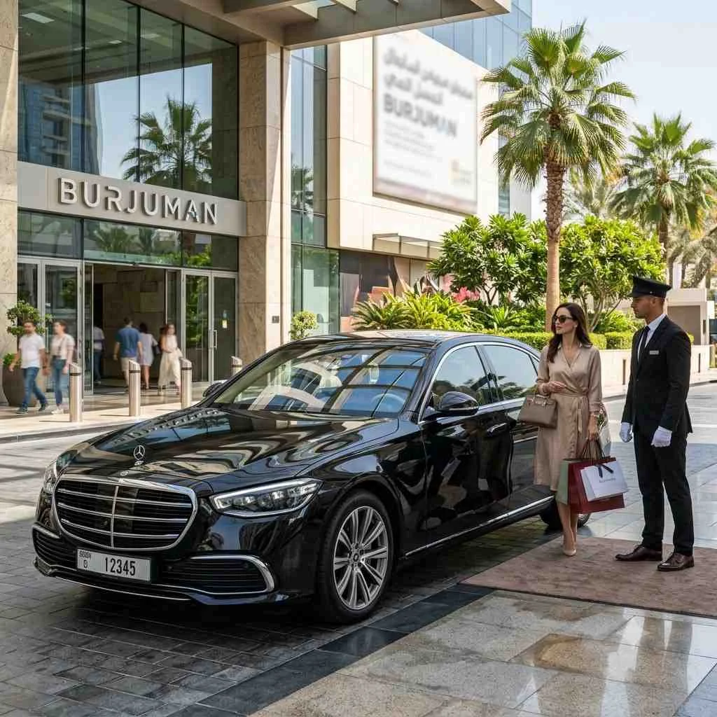Ultra-realistic luxury commercial photography of a black Mercedes-Benz S-Class with closed doors parked at the elegant main entrance of BurJuman Mall in Dubai, with a professional chauffeur in a black suit standing next to a stylish woman holding luxury shopping bags.