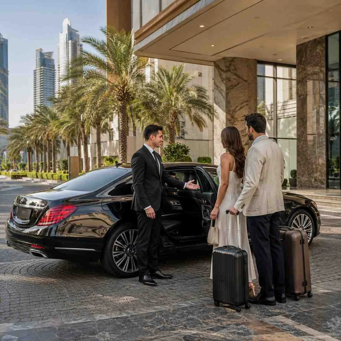 Professional chauffeur in a black suit welcoming an elegant couple with luggage beside a luxury black executive sedan outside a modern Dubai hotel, with palm trees and skyscrapers in bright daylight.