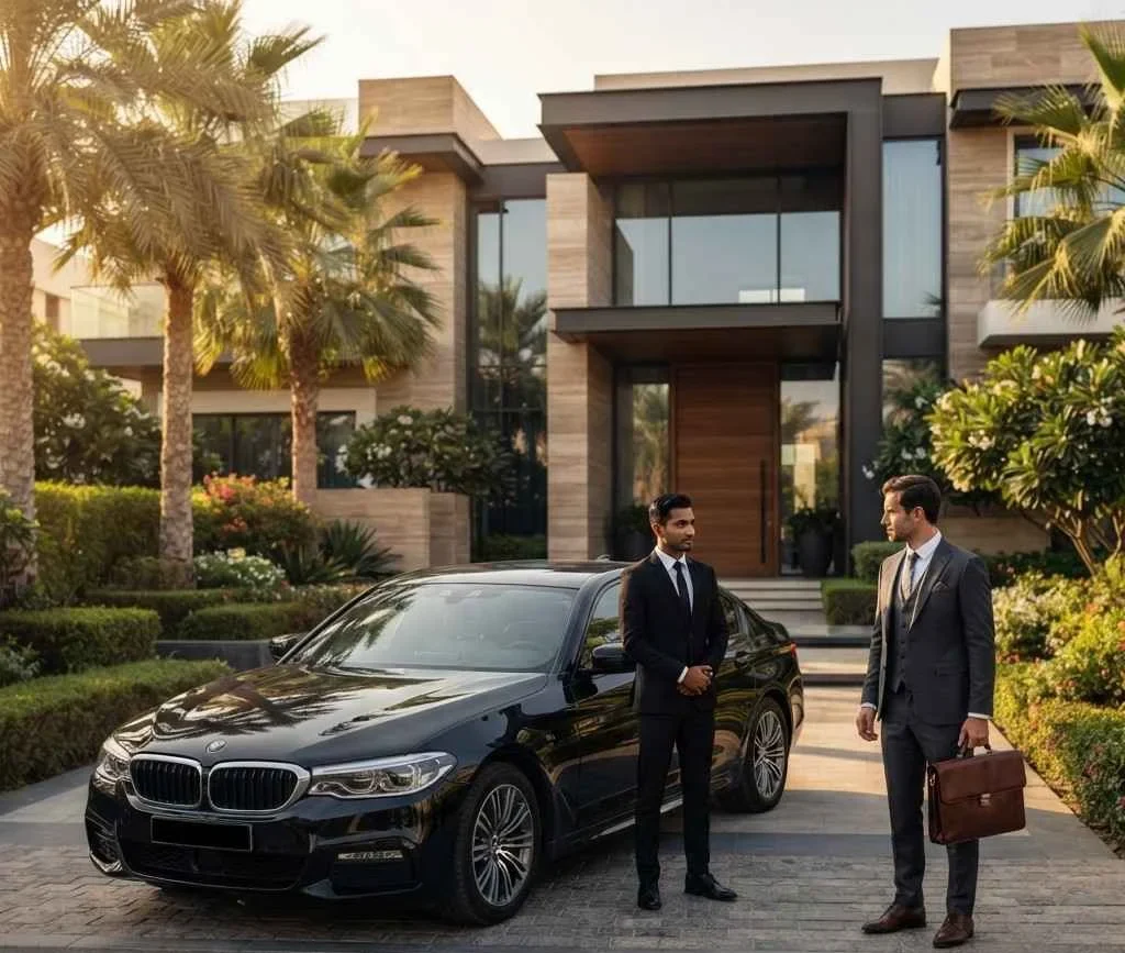 A professional chauffeur in a black suit stands beside a luxury black BMW sedan, greeting a businessman in a grey three-piece suit holding a leather briefcase. They are on a stone driveway in front of a modern, upscale villa with lush palm trees.