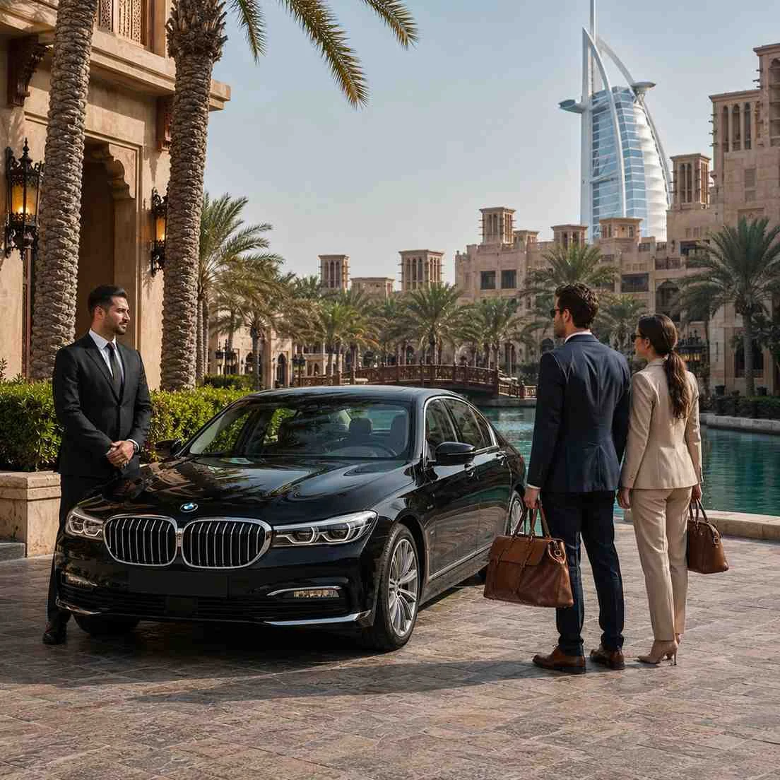 Luxury chauffeur service at Burj Al Arab Dubai with black BMW 7 Series, professional chauffeur and VIP passengers arriving at a premium waterfront location
