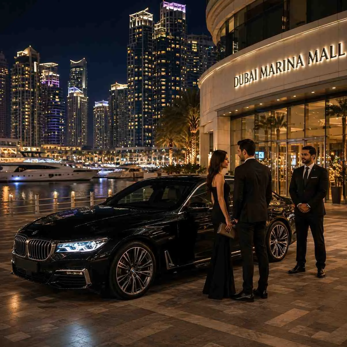 Luxury BMW 7 Series chauffeur service at Dubai Marina Mall at night with professional driver and VIP passengers against the illuminated Dubai Marina skyline.