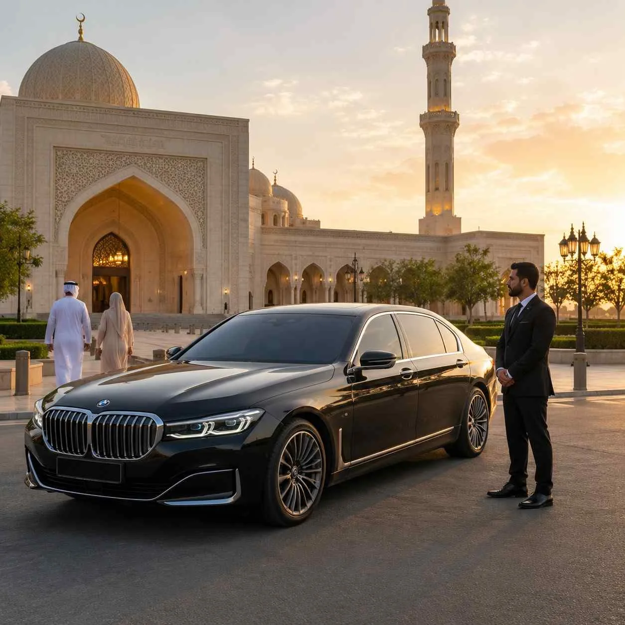 Black BMW 7 Series executive sedan parked outside the Grand Mosque of Kuwait at sunset, with a professional chauffeur in a black suit waiting beside the vehicle while visitors walk toward the mosque's grand entrance.