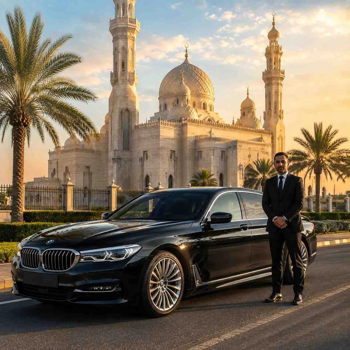 A black luxury sedan is parked in front of a grand white mosque with ornate domes and tall minarets during golden hour. A chauffeur in a black suit stands beside the car with his hands clasped, facing the camera. Palm trees surround the mosque, and the warm sunset light casts a golden glow across the scene.