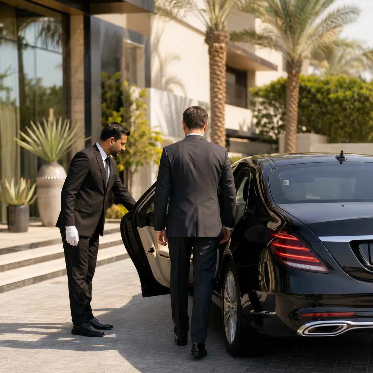 Professional chauffeur opening the rear door of a luxury black Mercedes-Benz S-Class for an executive client outside a modern luxury villa in Al Barsha, Dubai.
