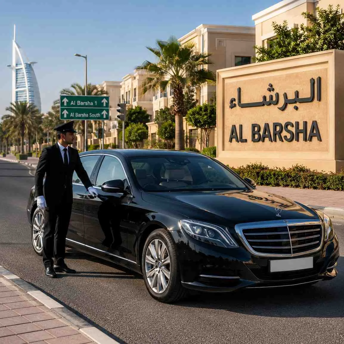 Professional chauffeur opening the rear door of a luxury black Mercedes-Benz S-Class beside the Al Barsha entrance sign in Dubai for a premium chauffeur service.