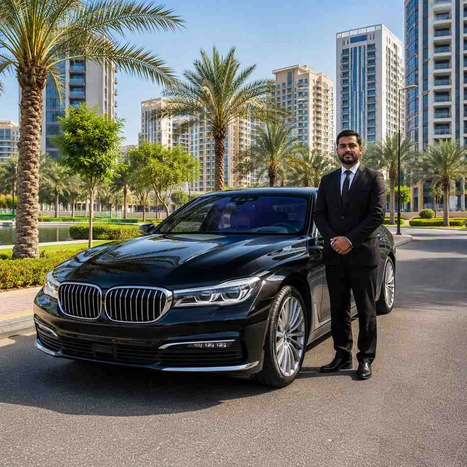 Luxury chauffeur service in Al Nahda Dubai with a black BMW 7 Series and professional chauffeur standing beside the luxury sedan in a modern residential neighborhood.