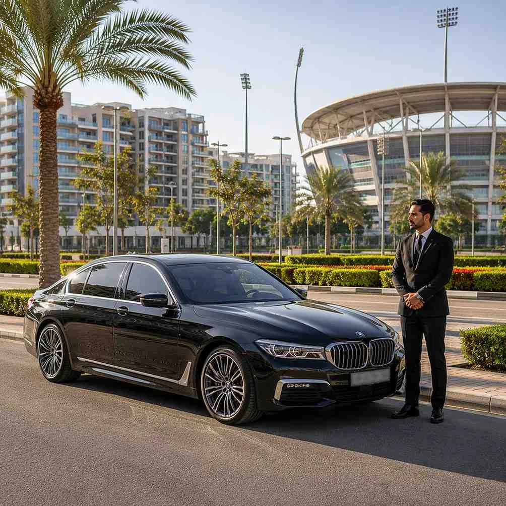 Luxury chauffeur service in Dubai Sports City with a black BMW 7 Series and professional chauffeur near a modern sports stadium