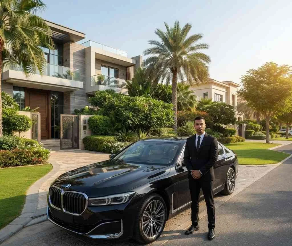 A professional chauffeur in a tailored black suit standing confidently beside a luxury black BMW 7 Series parked in front of a modern villa in Emirates Hills, Dubai.
