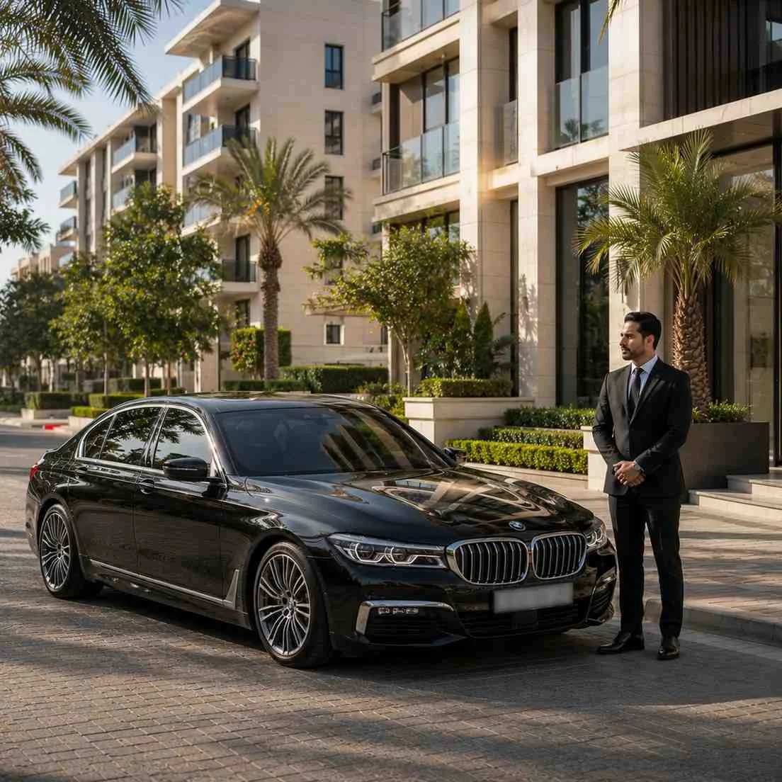 Luxury chauffeur service in Jumeirah Village Circle Dubai with a black BMW 7 Series outside a modern residential building