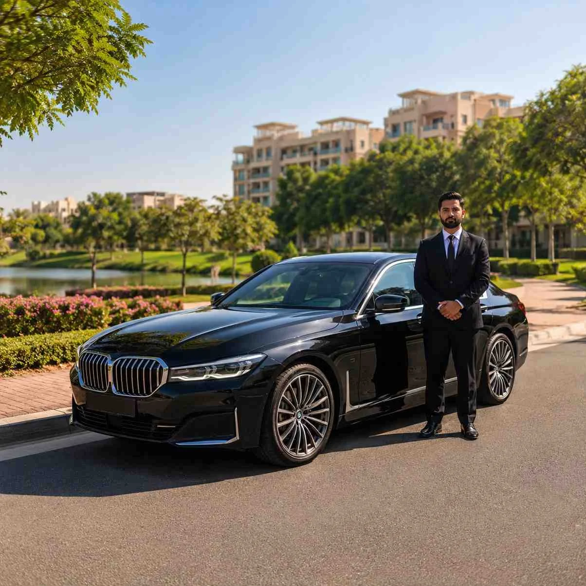 Professional chauffeur standing beside a black BMW 7 Series in The Greens Dubai, surrounded by lush gardens, lakes, and modern residential buildings with all car doors closed.