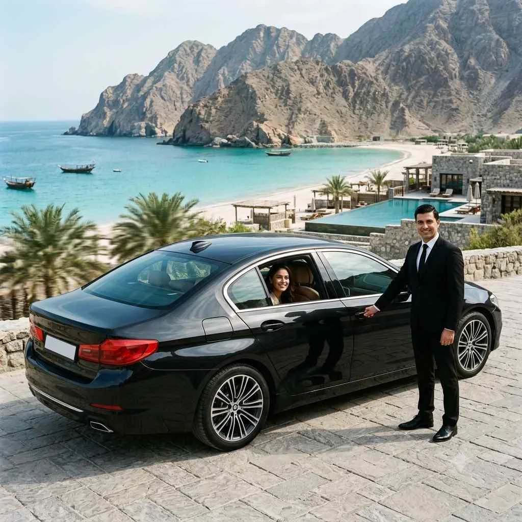 A luxury black BMW 5 Series sedan parked on a stone driveway, with a uniformed chauffeur holding the rear passenger door open for a smiling woman sitting inside. The background features the stunning coastline of Zighy Bay, Oman, with a sandy beach, turquoise water, traditional wooden dhows, and dramatic mountains.