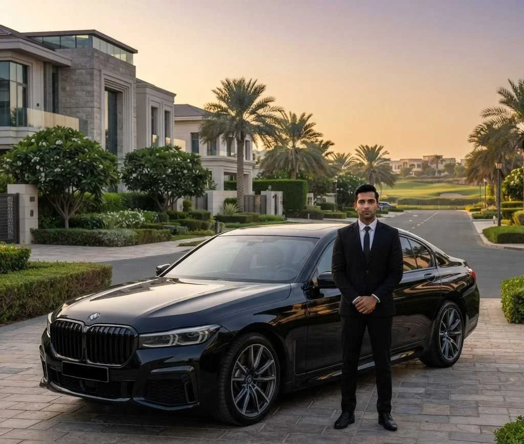 A professional chauffeur in a black suit stands beside a luxury black BMW 7 Series sedan on a stone driveway in a high-end residential neighborhood during the golden hour sunset.
