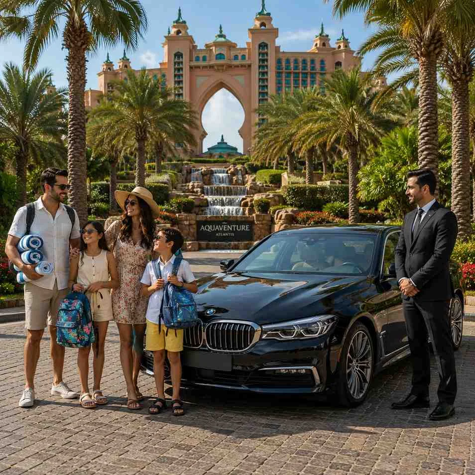 Smiling family with beach towels and waterproof backpacks beside a luxury black BMW 7 Series and professional chauffeur outside Aquaventure Waterpark at Atlantis The Palm, Dubai.