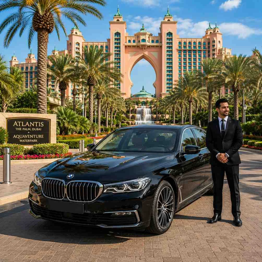 Professional chauffeur standing beside a luxury black BMW 7 Series outside Aquaventure Waterpark at Atlantis The Palm, Dubai, with no passengers.