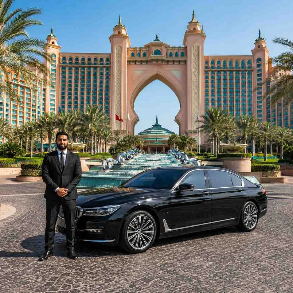 Luxury chauffeur service to Atlantis The Palm Dubai with a black BMW 7 Series and professional chauffeur at the VIP entrance.
