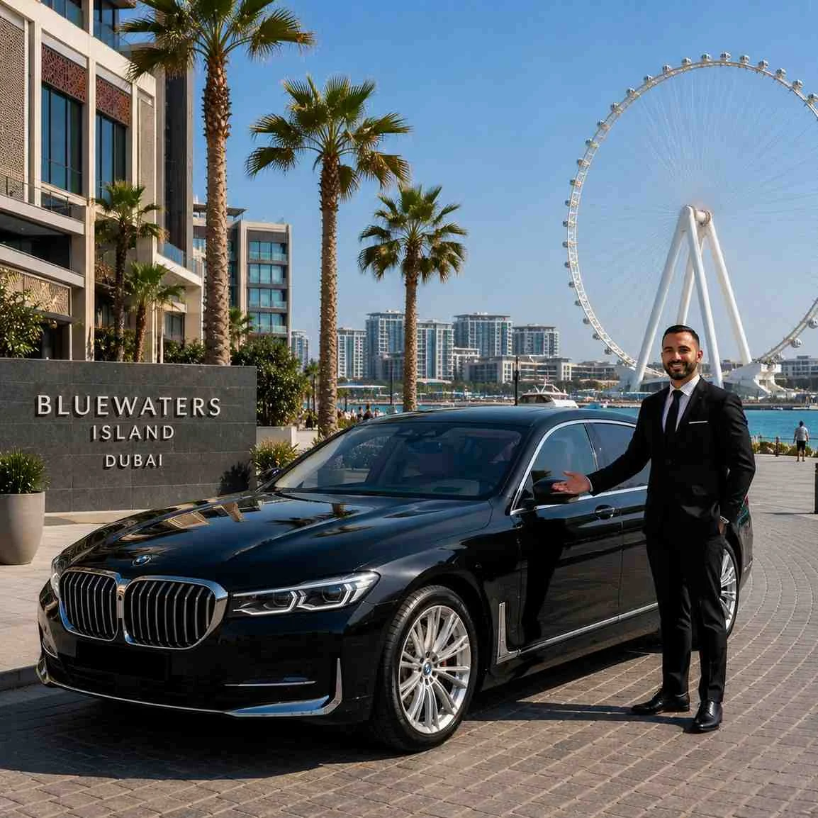 Luxury BMW 7 Series with a professional chauffeur at Bluewaters Island Dubai, featuring Ain Dubai, the waterfront promenade, palm trees, modern island architecture, and Arabian Gulf views.
