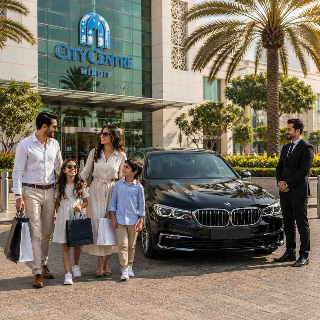 Smiling family of four with shopping bags beside a luxury black BMW 7 Series and professional chauffeur outside City Centre Mirdif, Dubai.