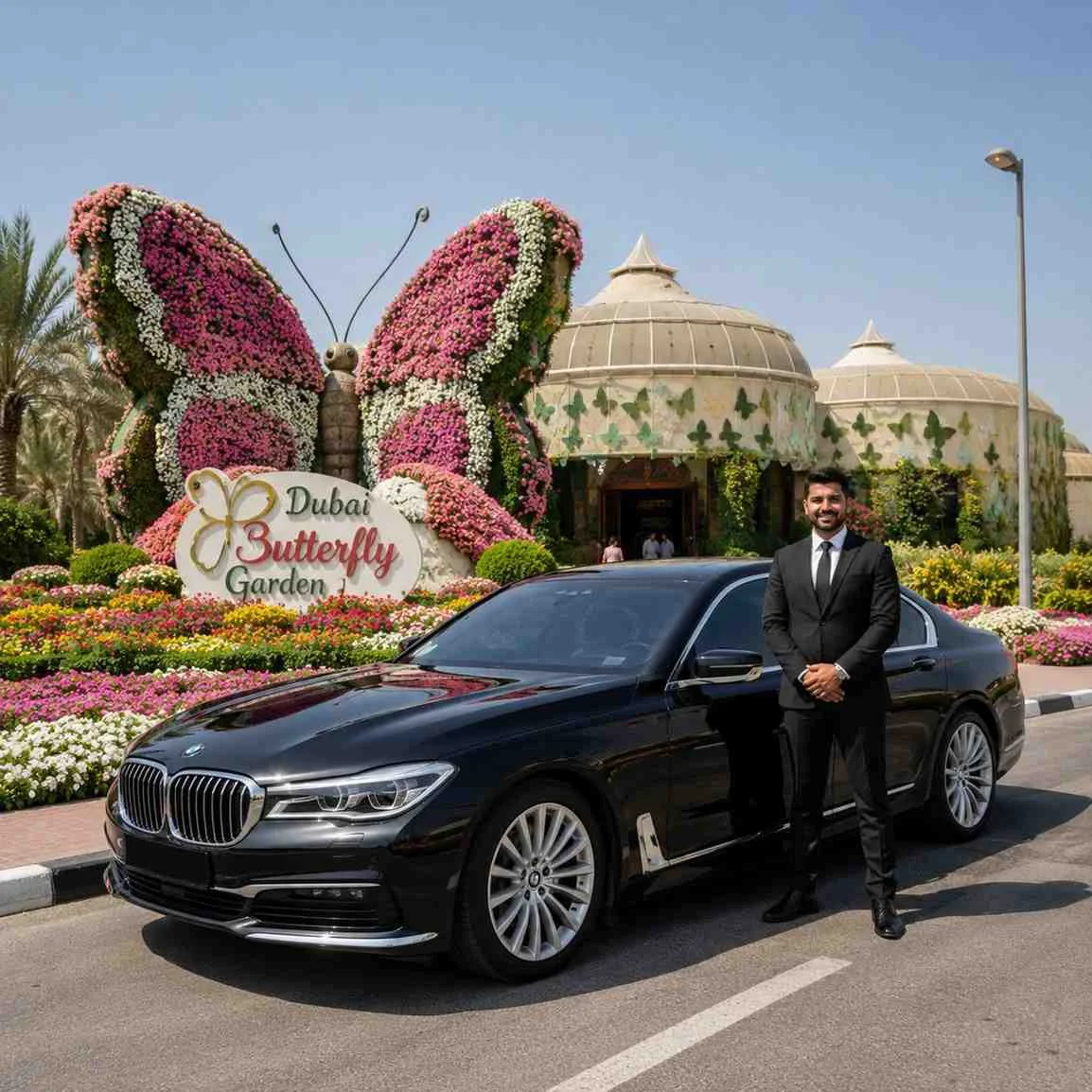 Luxury BMW 7 Series chauffeur service at Dubai Butterfly Garden with a professional driver standing beside the executive sedan near the iconic floral butterfly entrance.