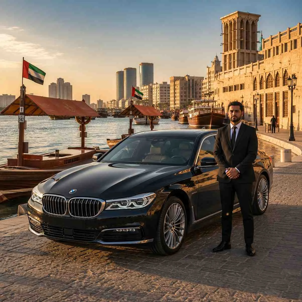 Luxury chauffeur service to Dubai Creek with a black BMW 7 Series and professional chauffeur beside the historic waterfront in Old Dubai.