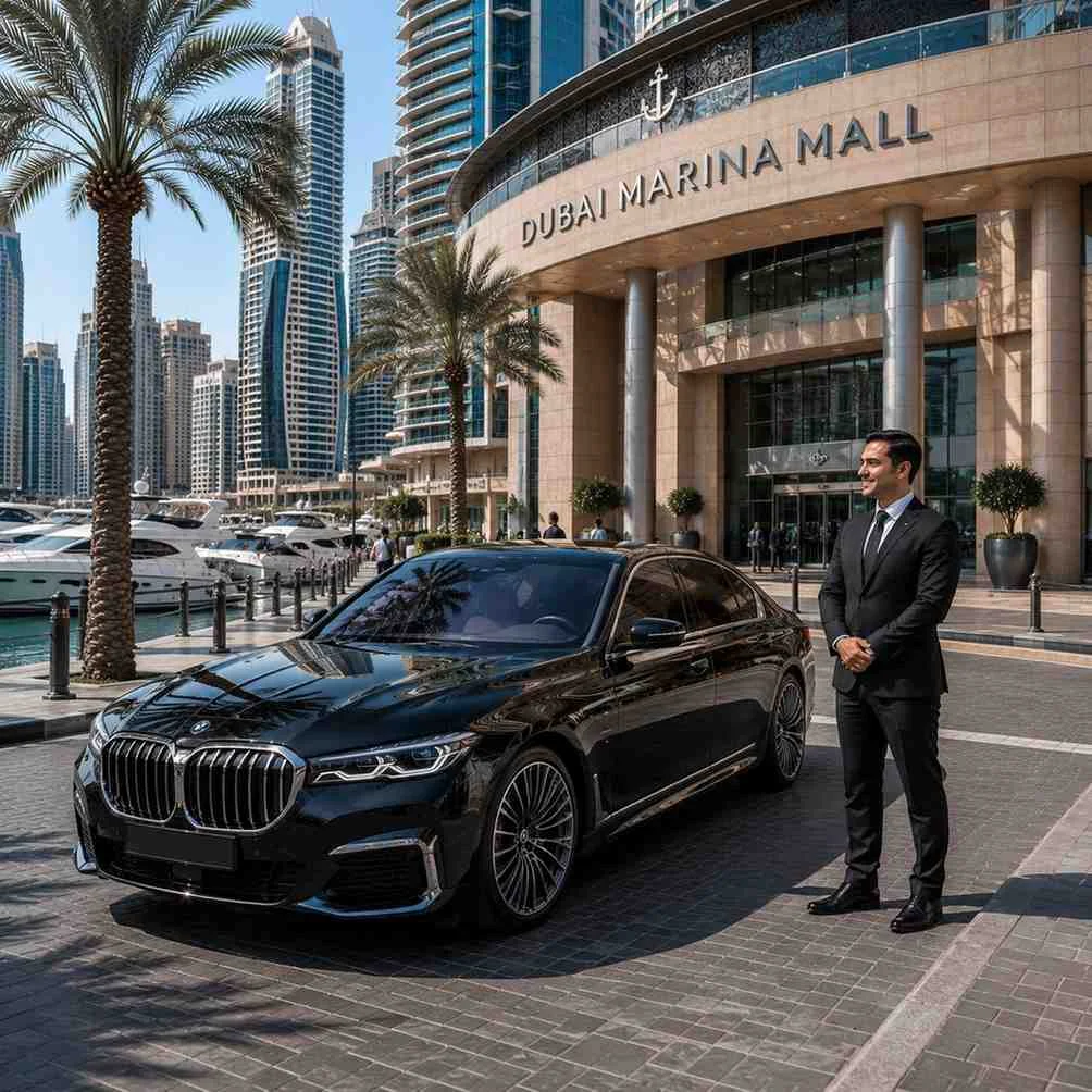 Black BMW 7 Series with a professional chauffeur standing outside Dubai Marina Mall, overlooking the marina waterfront, luxury yachts, and modern skyscrapers.