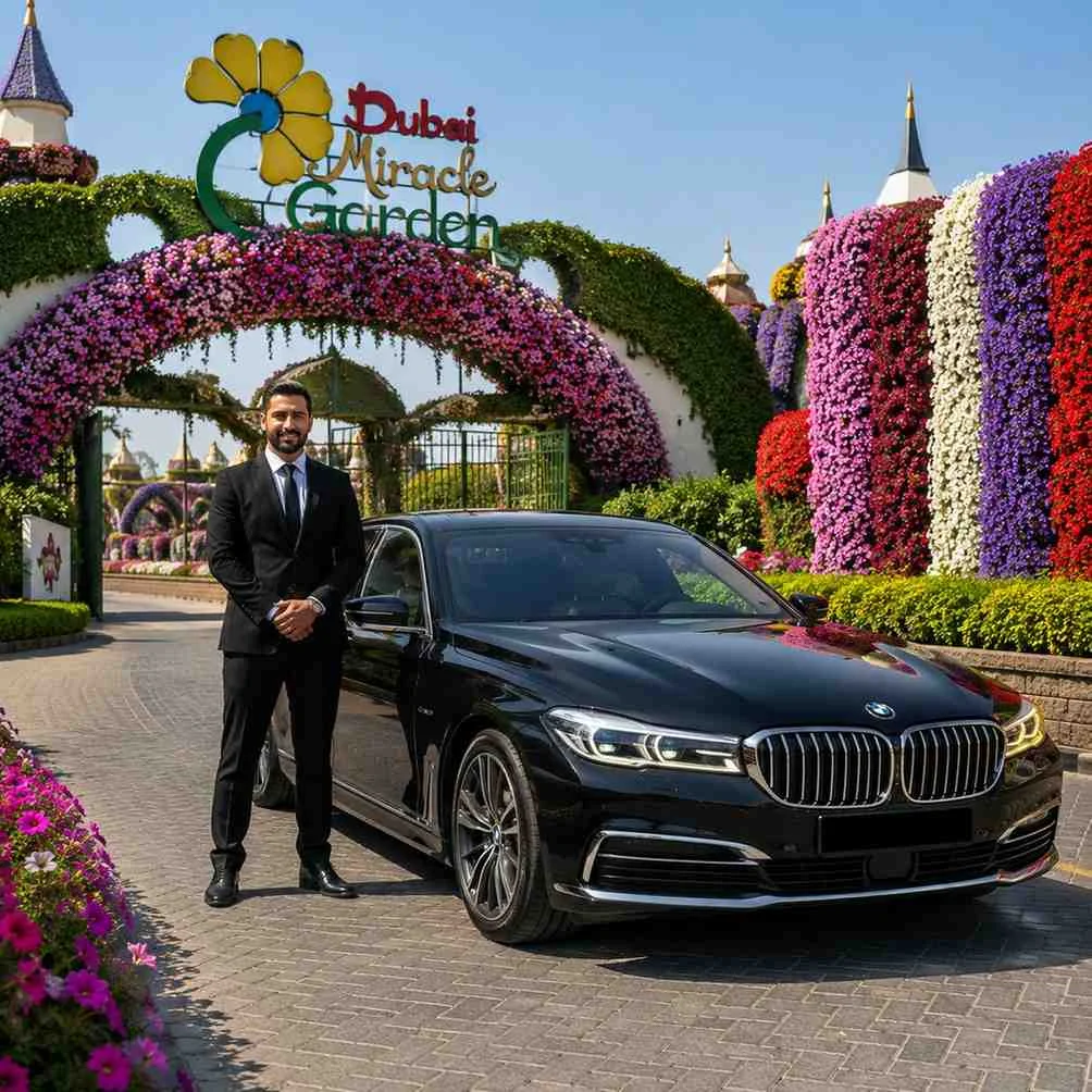 Luxury chauffeur service to Dubai Miracle Garden with a glossy black BMW 7 Series parked outside the floral entrance and a professional chauffeur standing beside the sedan in bright Dubai sunshine.