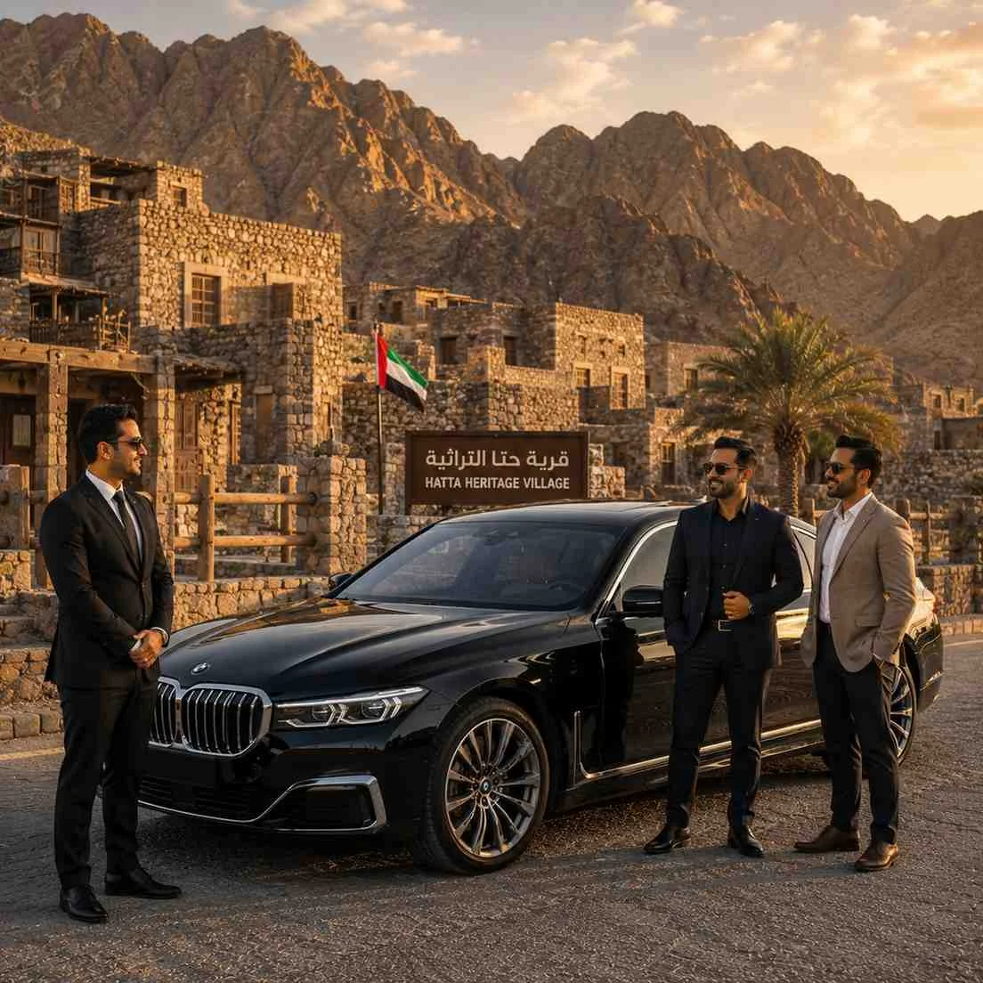 Luxury black BMW chauffeur service at Hatta Heritage Village Dubai with professional driver and passengers standing beside the car against mountain scenery.