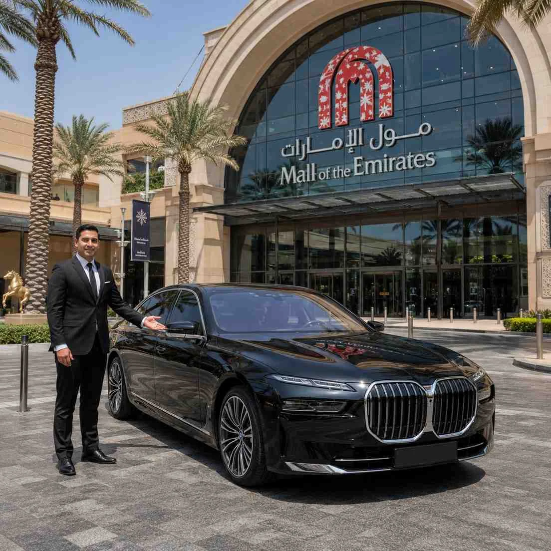 Black BMW 7 Series with a professional chauffeur standing outside Mall of the Emirates Dubai, featuring the mall's iconic entrance and modern glass architecture in the background.