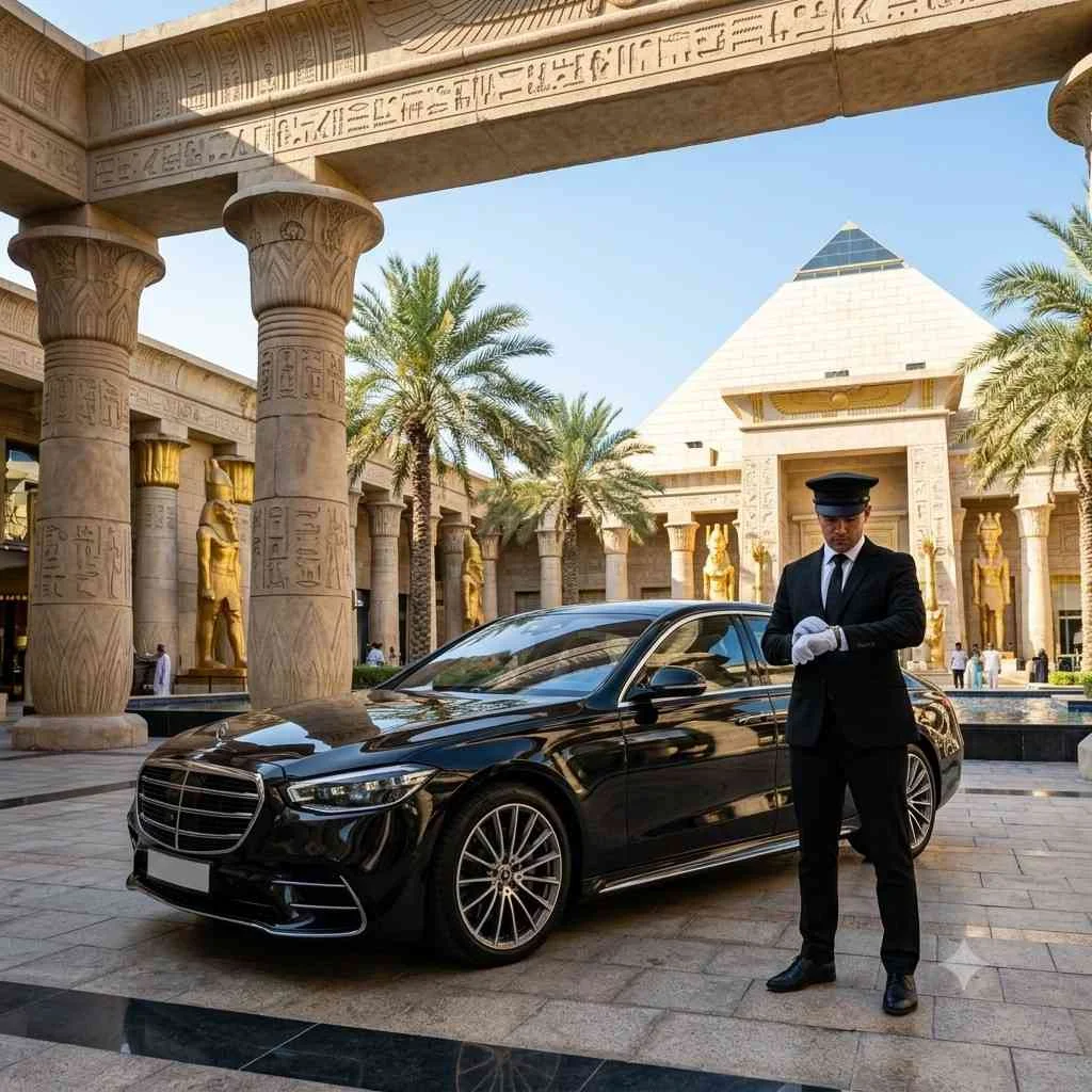 Luxury Mercedes-Benz S-Class with a professional chauffeur standing outside WAFI Mall's iconic Egyptian-inspired entrance in Dubai, ready for a premium chauffeur-driven shopping transfer.