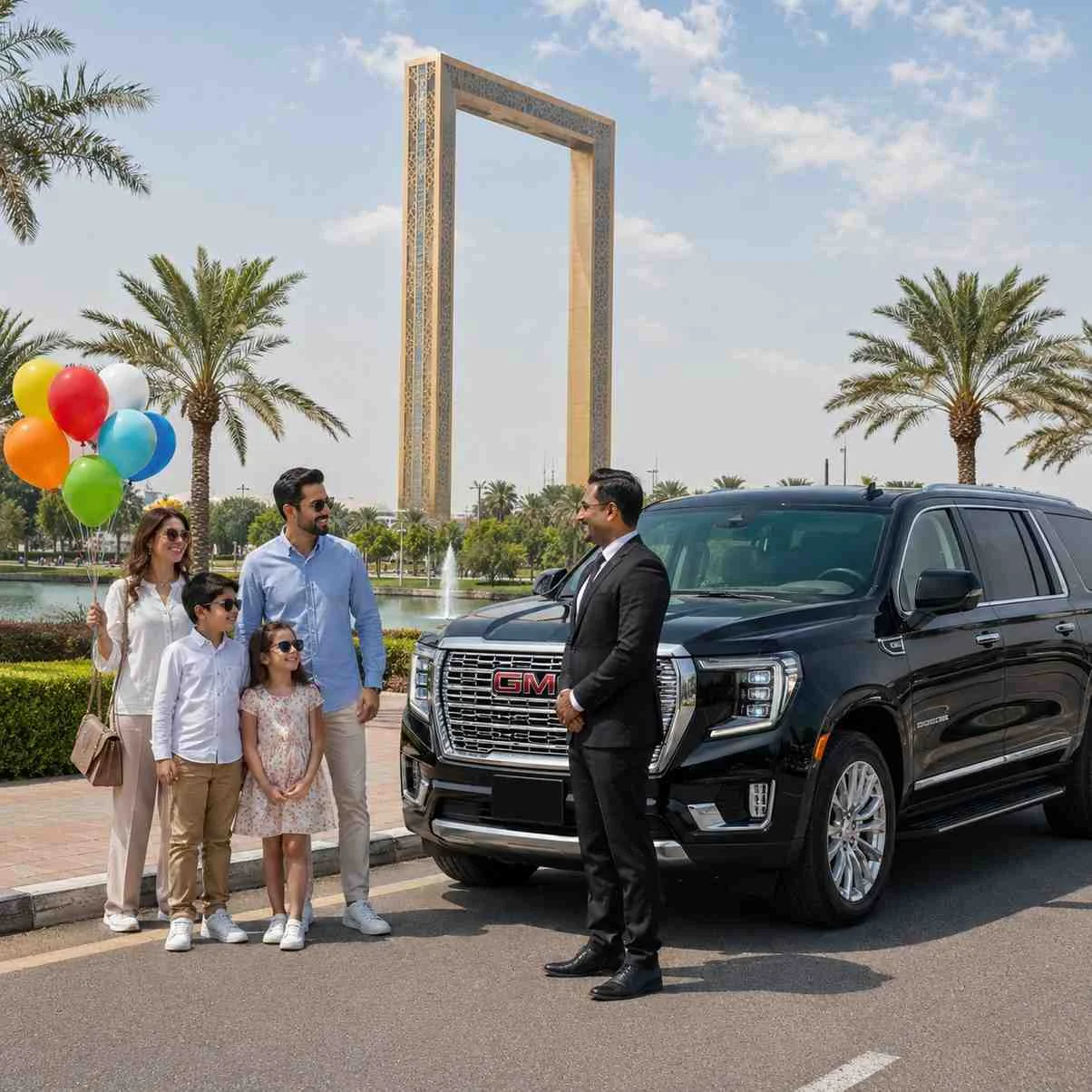 Luxury GMC Yukon XL chauffeur service at Zabeel Park Dubai with a smiling family and professional chauffeur standing beside the SUV, featuring the Dubai Frame in the background.