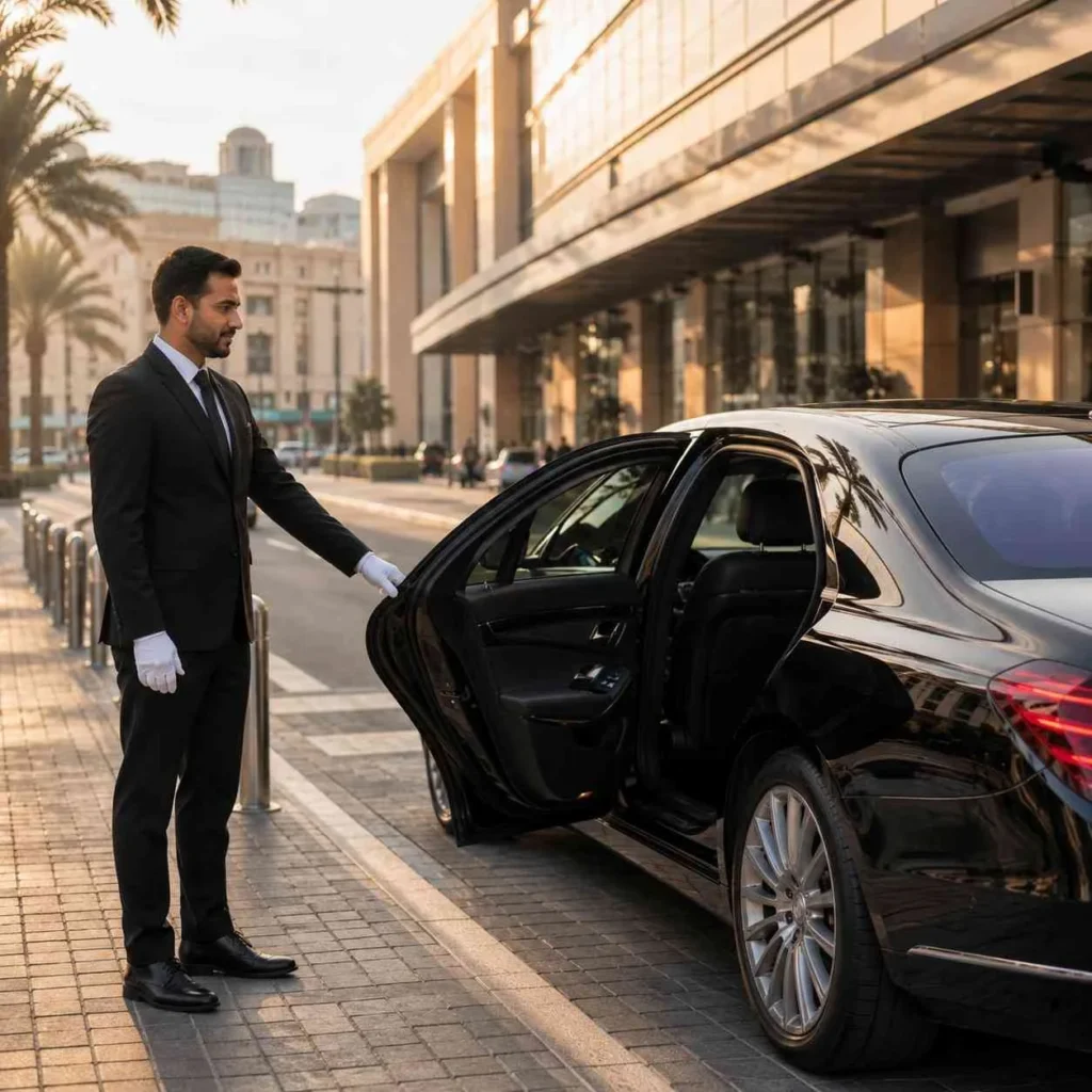 Professional chauffeur in a black suit and white gloves holding open the rear door of a luxury black Mercedes-Benz S-Class outside a modern commercial building in Dubai during golden hour.