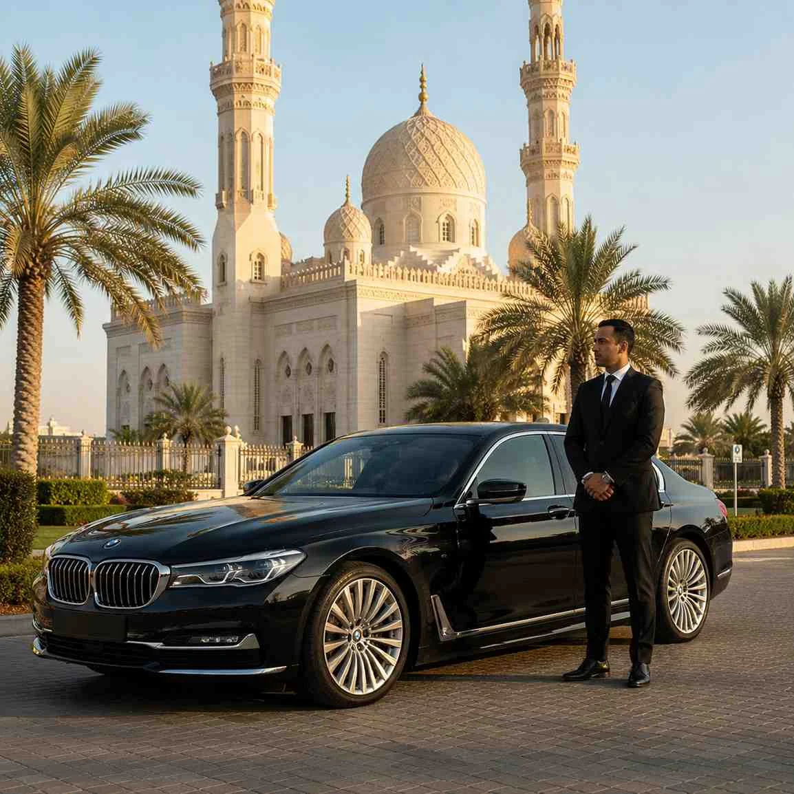 A black luxury sedan is parked in front of a grand white mosque with ornate domes and two tall minarets. A man in a black suit stands beside the front passenger side with his hands clasped, facing slightly to the side. Palm trees surround the mosque, and the scene is illuminated by warm late-afternoon sunlight under a clear blue sky.