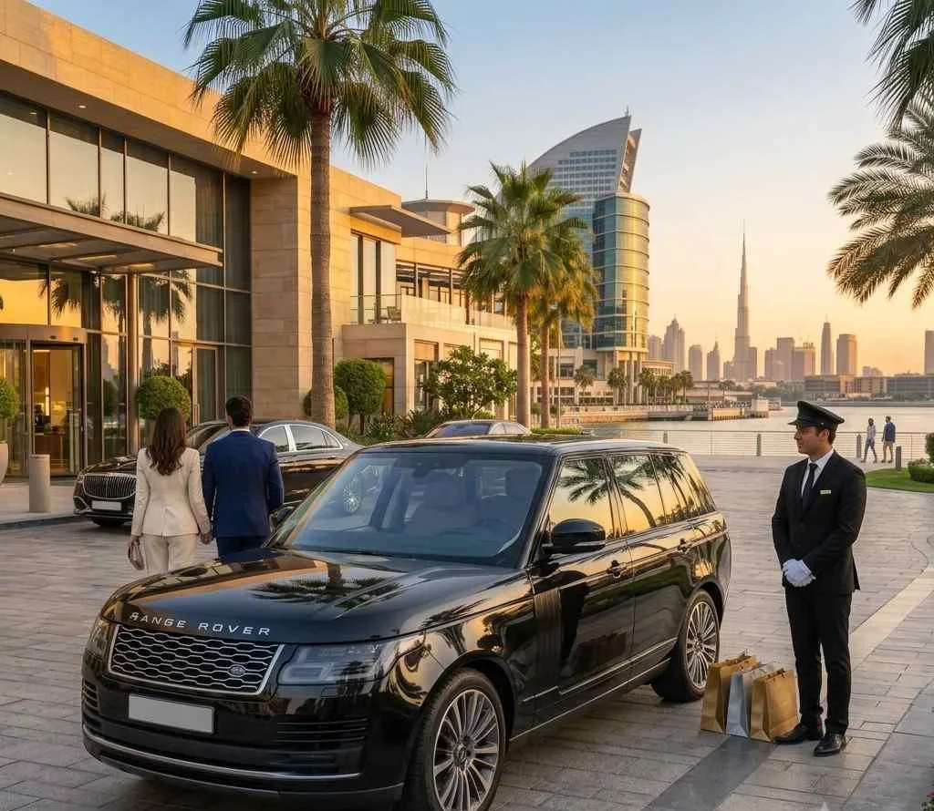 A formal chauffeur in white gloves stands next to a black Range Rover with luxury shopping bags at a premium Dubai waterfront hotel entrance at sunset, with the Burj Khalifa and skyline in the background as an elegant couple walks in.