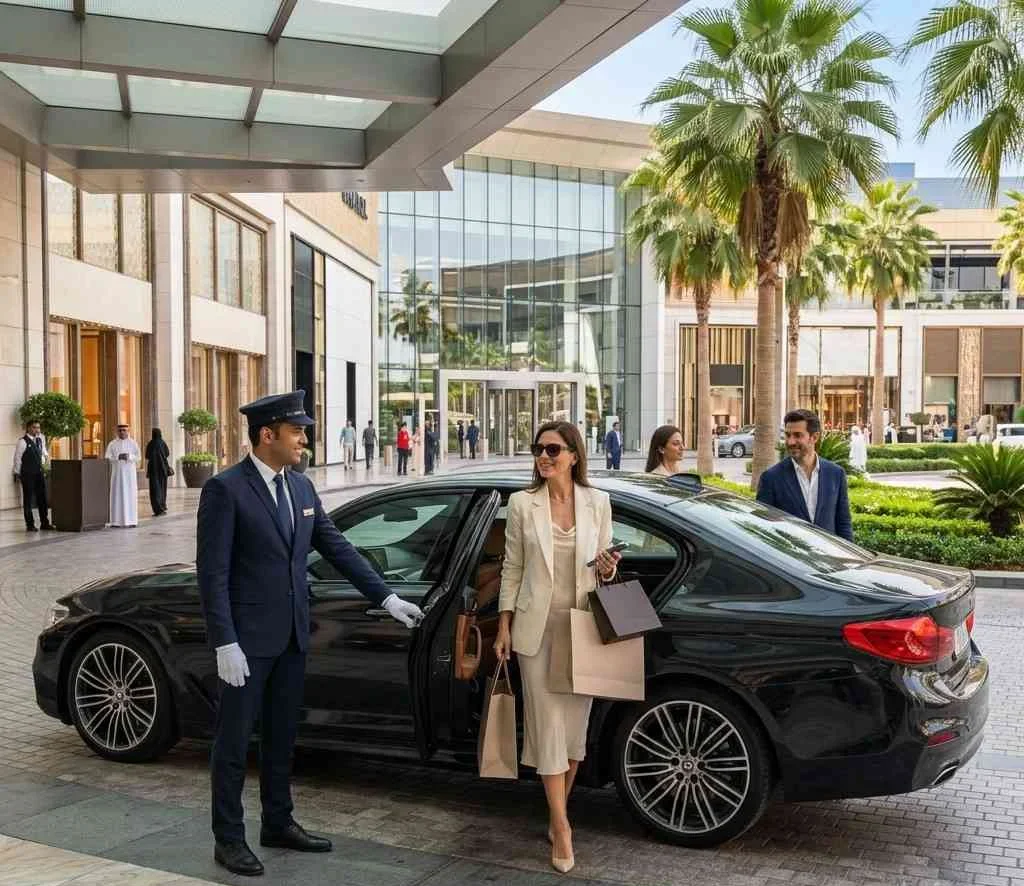 A formal valet attendant in a suit and white gloves stands next to a black Range Rover with luxury shopping bags at a premium Dubai hotel waterfront entrance at sunset. In the background, an elegant couple in formal attire walks in, and the iconic Burj Khalifa and Dubai city skyline are visible across the water.
