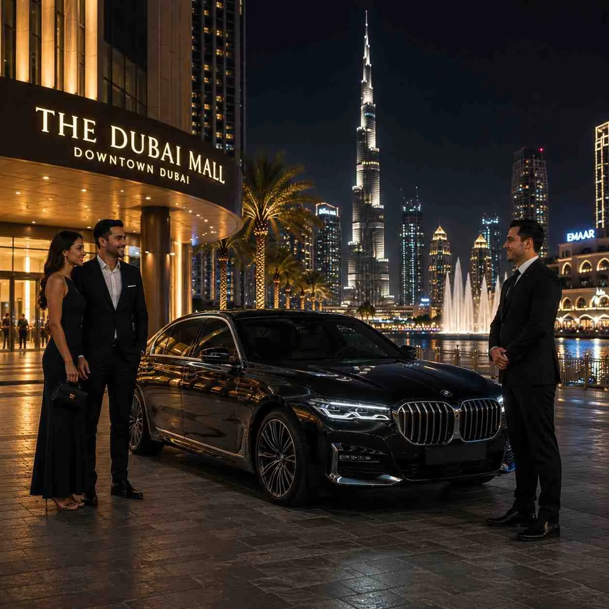 Black BMW 7 Series with a professional chauffeur welcoming VIP passengers outside Dubai Mall at night, with the illuminated Burj Khalifa and Downtown Dubai skyline in the background.