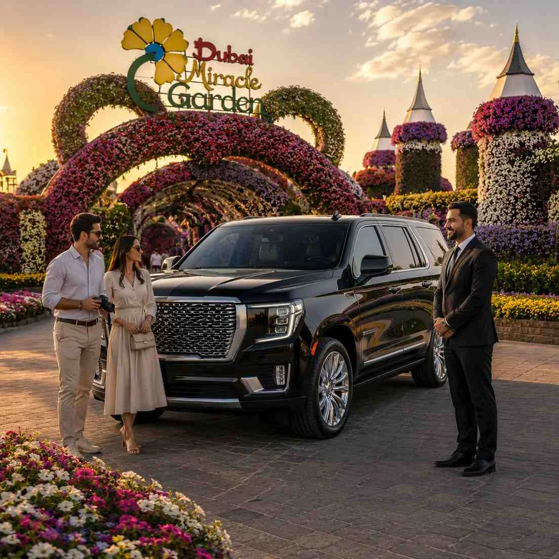 Luxury Car with Driver to Dubai Miracle Garden featuring a black GMC Yukon Denali, a professional chauffeur, and an elegant couple arriving at the colorful floral entrance during golden hour.