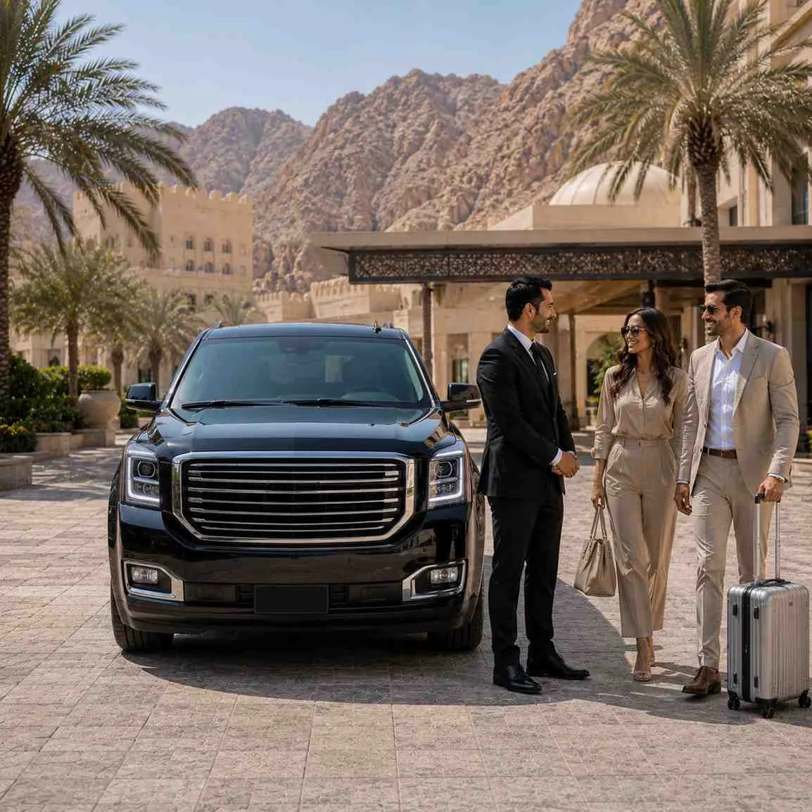 Luxury black GMC Yukon Denali executive SUV parked outside a premium resort entrance with a professional chauffeur welcoming elegantly dressed travelers carrying luggage under bright daylight.