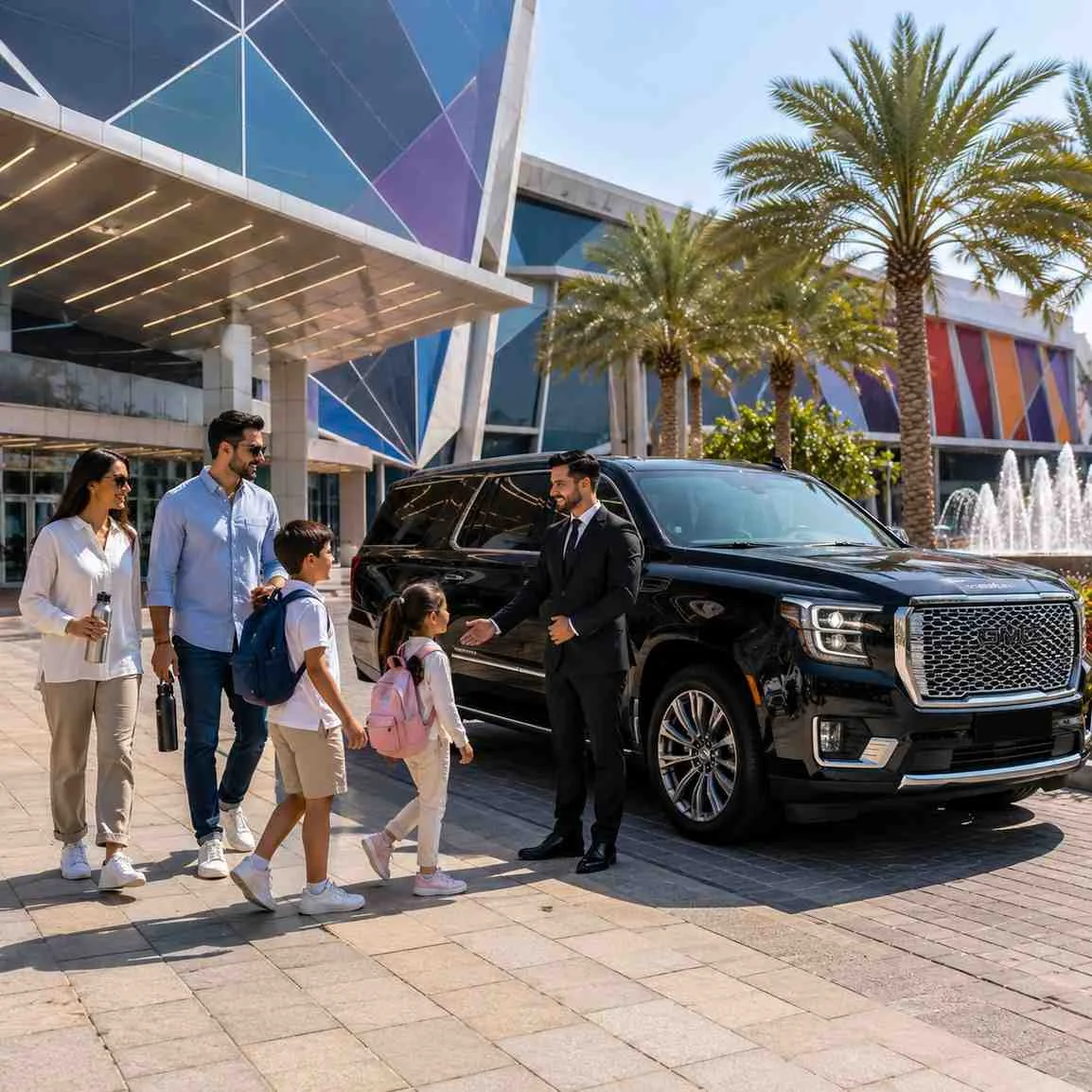 Luxury family chauffeur service in Dubai with a black GMC Yukon Denali, professional chauffeur, and a family arriving at a modern indoor entertainment destination.