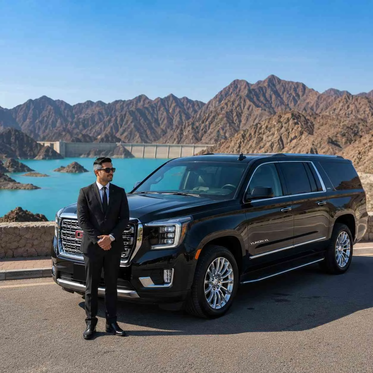 Luxury GMC Yukon XL chauffeur service at Hatta Dam with a professional chauffeur standing beside the SUV against the turquoise waters and Hajar Mountains, offering premium transportation to Hatta.