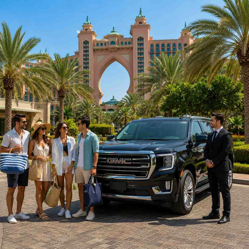 Group of four friends with beach bags standing beside a luxury black GMC Yukon XL and professional chauffeur outside Aquaventure Waterpark at Atlantis The Palm, Dubai.