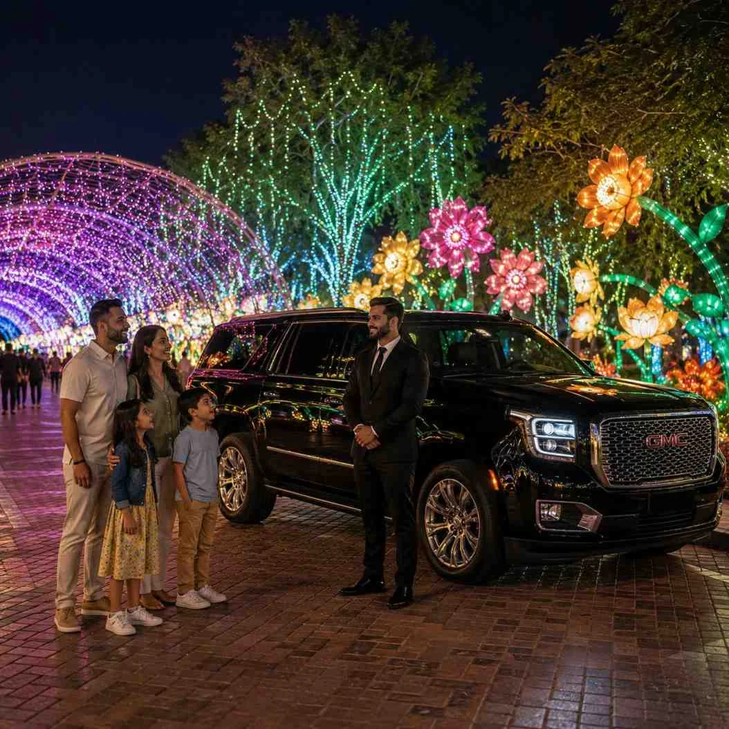 Family with a chauffeur and a GMC Yukon XL at an evening family outing in Dubai