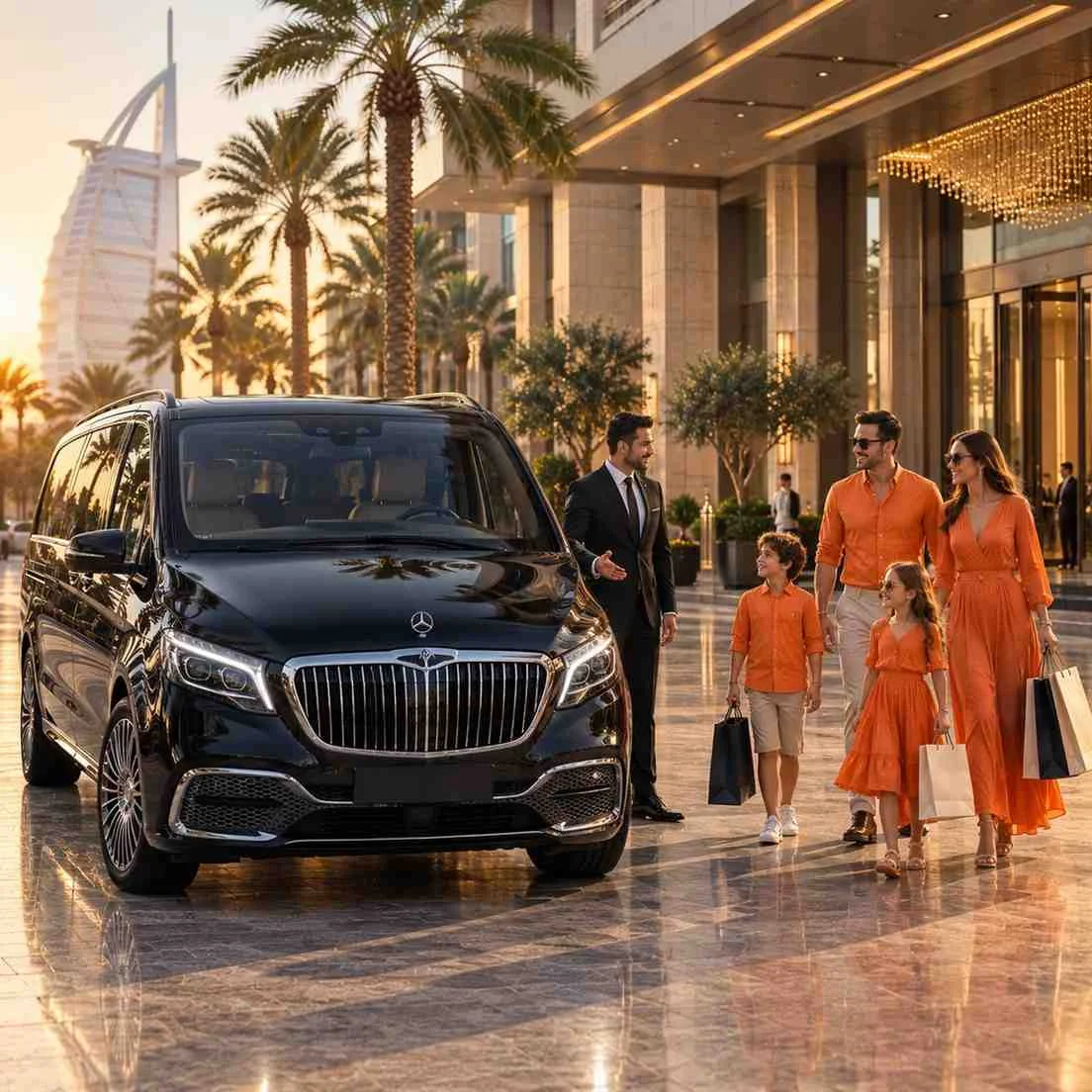 A black luxury minivan is parked outside an upscale Dubai hotel at sunset, with a chauffeur greeting a stylish family dressed in orange outfits as they arrive carrying shopping bags. Palm trees, polished marble floors, warm lighting, and the Burj Al Arab are visible in the background.