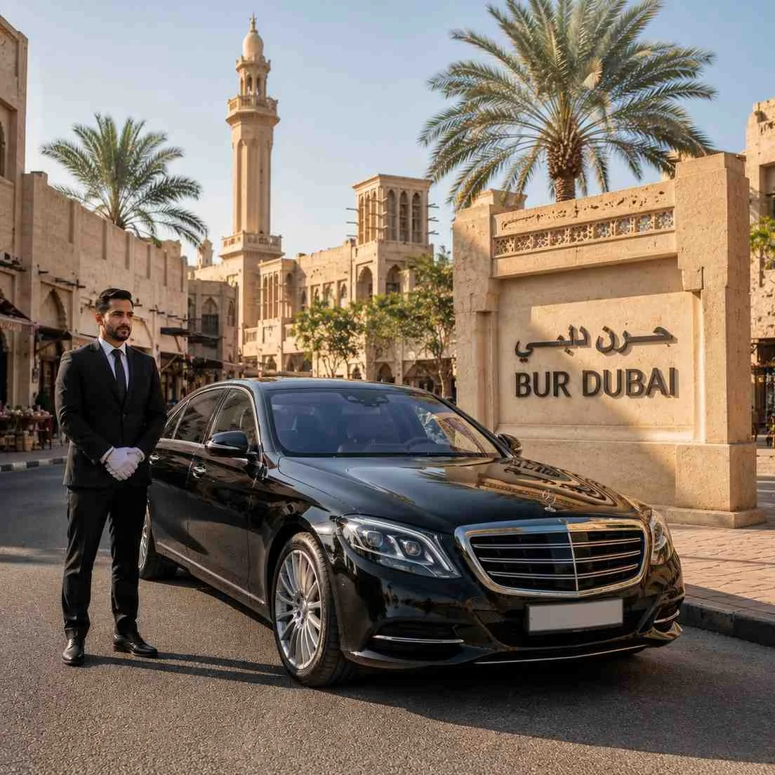 Professional chauffeur standing beside a luxury black Mercedes-Benz S-Class near the Bur Dubai heritage district monument, showcasing premium chauffeur service in Dubai with traditional architecture and palm trees in the background.