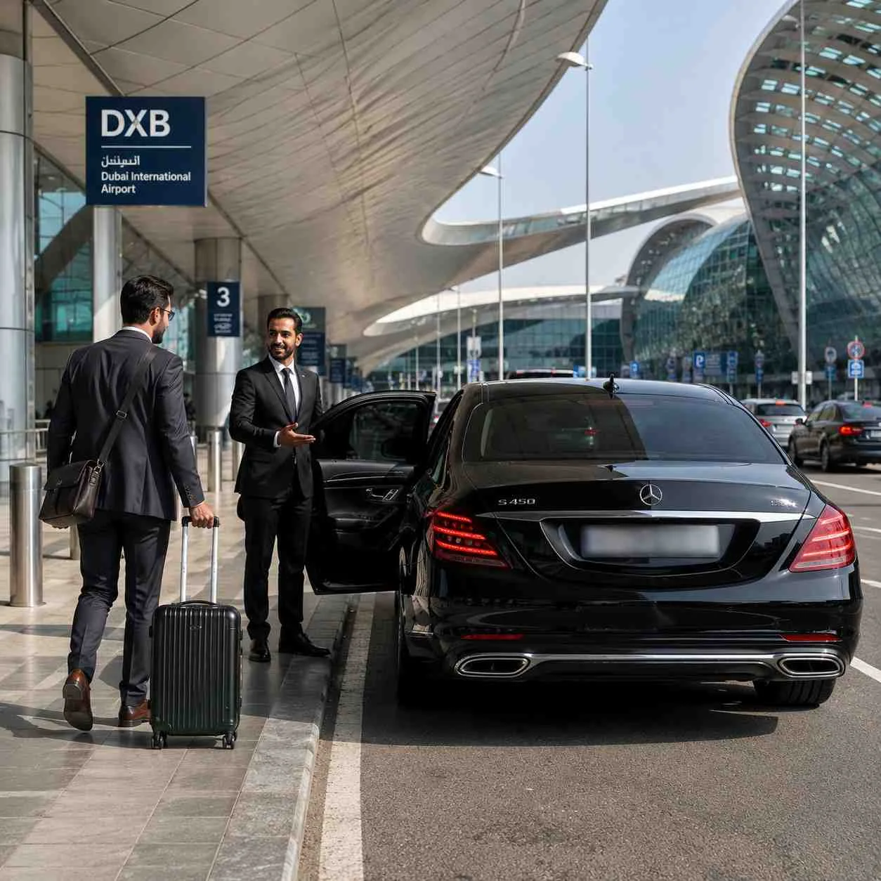 Professional chauffeur welcomes a business traveler with a rolling suitcase beside a black Mercedes-Benz S-Class at the Dubai International Airport pickup area, with the modern DXB terminal architecture in the background and the vehicle's rear door open for a premium airport transfer.