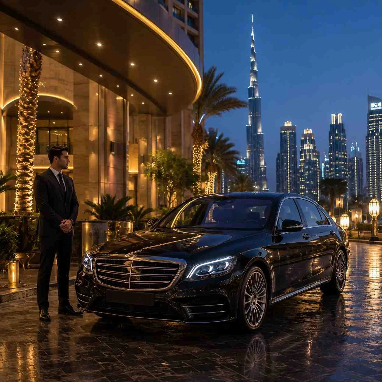 Luxury black Mercedes-Benz S-Class with a professional chauffeur outside a five-star Dubai hotel at blue hour, offering premium executive car with driver service with the Burj Khalifa skyline in the background.