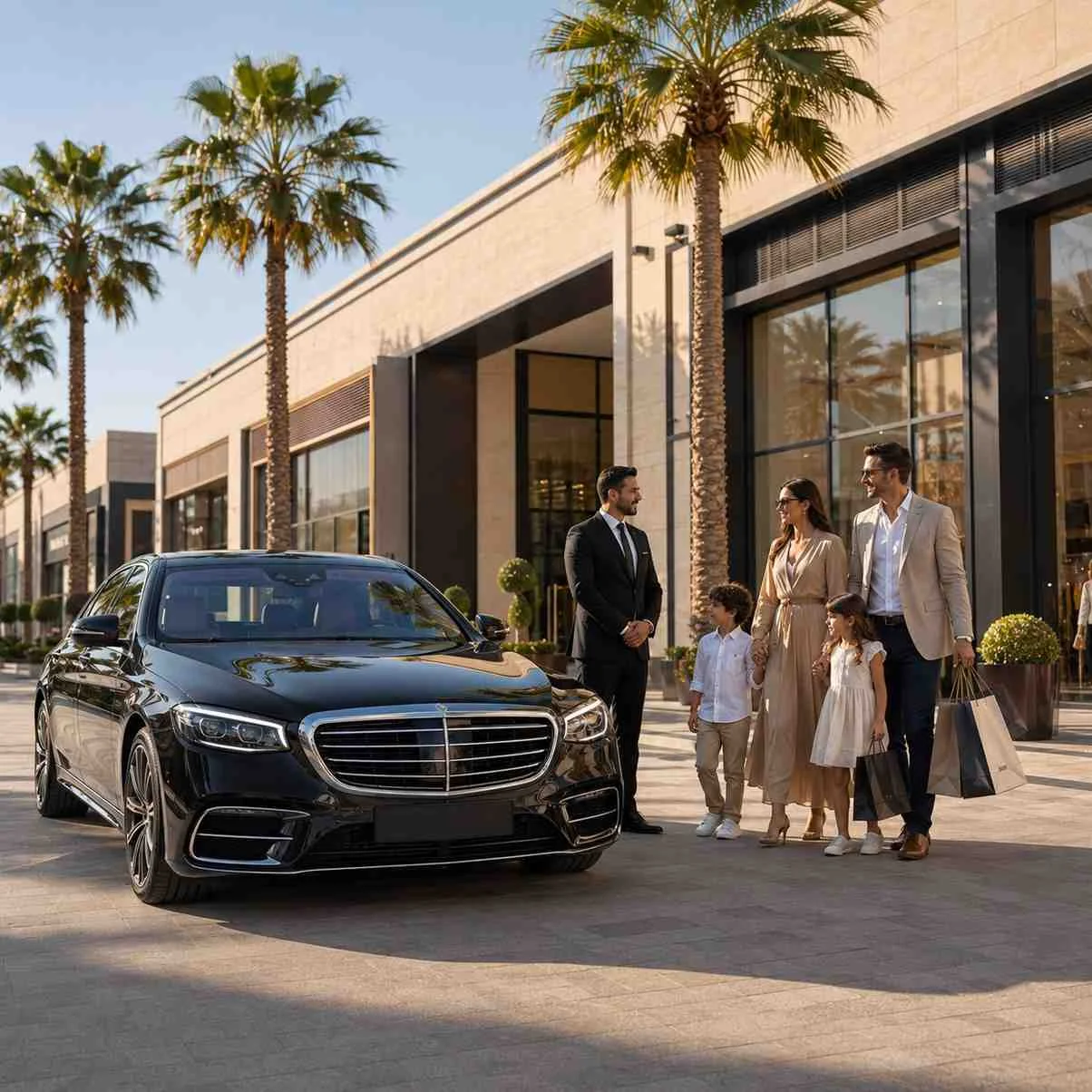 A black Mercedes-Benz S-Class luxury sedan is parked outside Dubai Outlet Mall from a low front three-quarter angle. A professional chauffeur stands beside the vehicle as a stylish family of four carrying premium shopping bags prepares to depart in a sunlit luxury shopping setting with palm trees and modern storefronts.