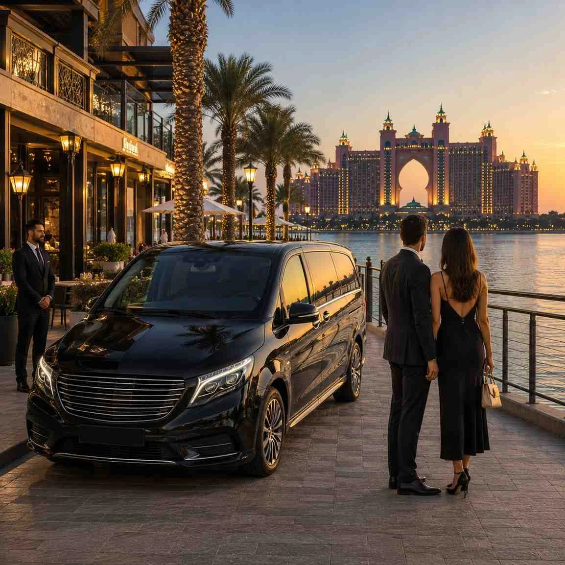 VIP chauffeur service at The Pointe Palm Jumeirah with a luxury black Mercedes-Benz V-Class, professional chauffeur, elegant couple, and Atlantis The Palm overlooking the waterfront.